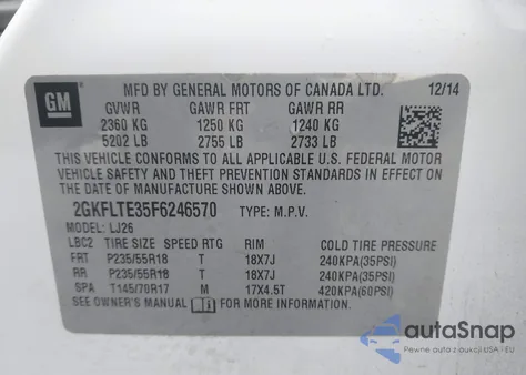 2015 GMC Terrain Slt-2 z USA, uszkodzony, nr VIN 2GKFLTE35F6246570